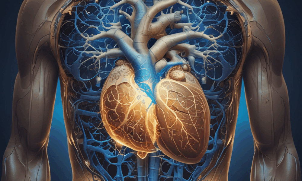 Human body cross-section showing heart and digestive system with glowing neural pathways representing body anticipation mechanisms
