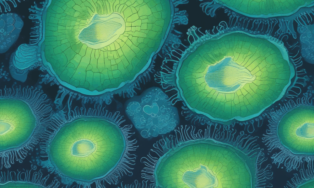 Marine algae cells with nitroplasts nitrogen fixing organelles visible under microscope - revolutionary biological discovery