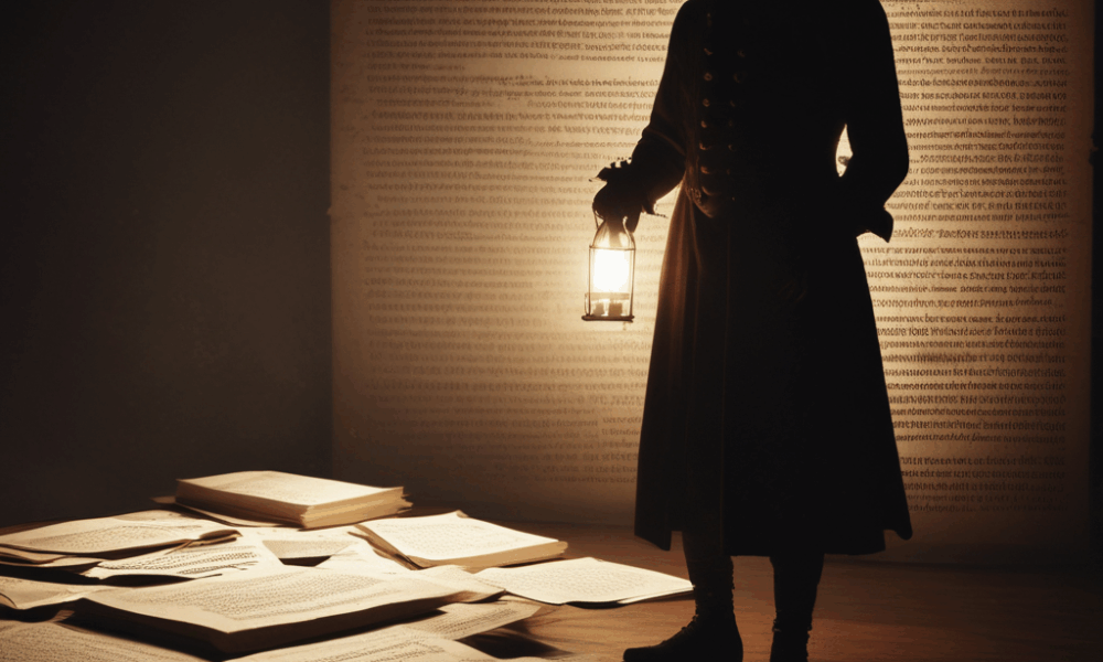 Mysterious anonymous historical figures silhouetted against candlelight with historical documents and secret codes