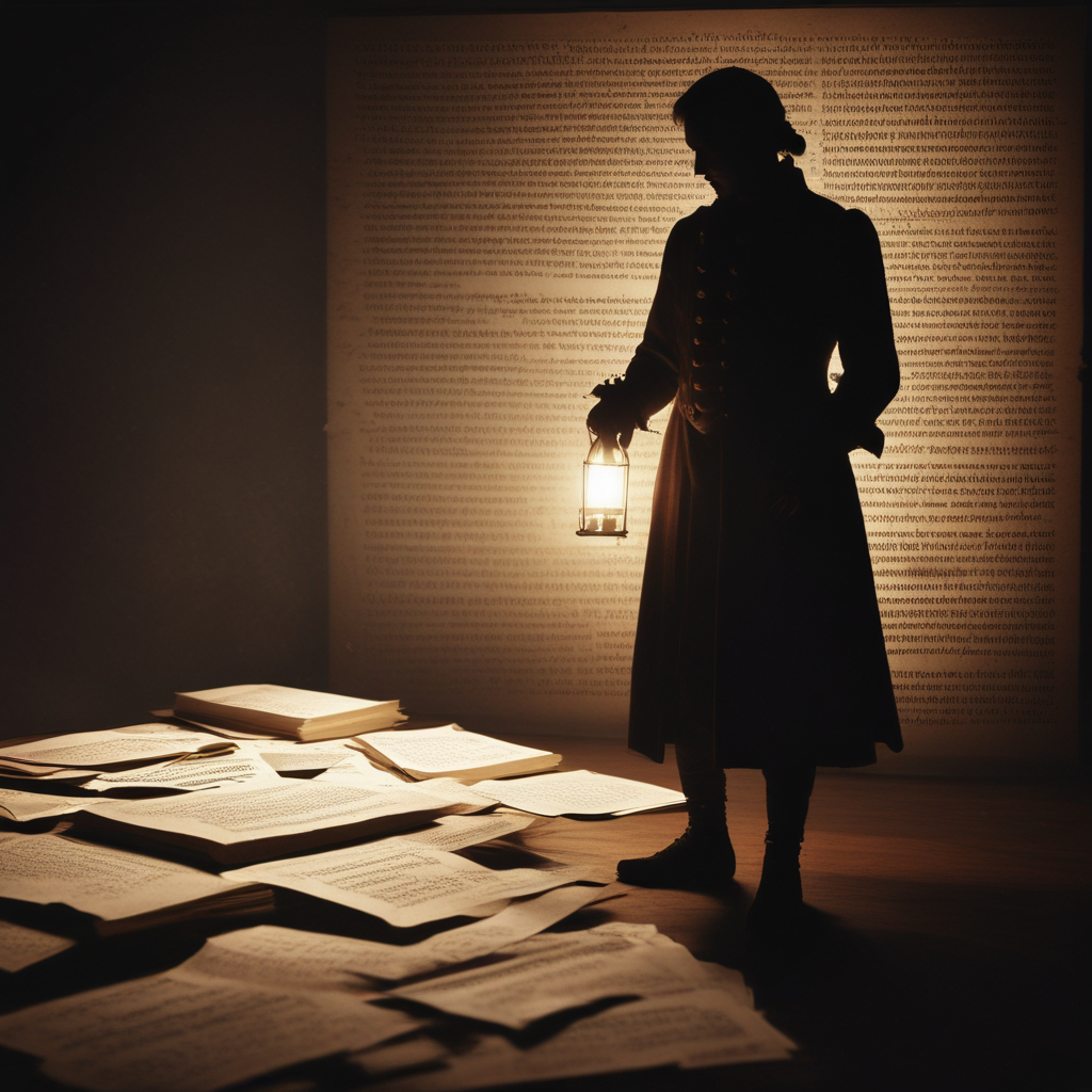 Mysterious anonymous historical figures silhouetted against candlelight with historical documents and secret codes