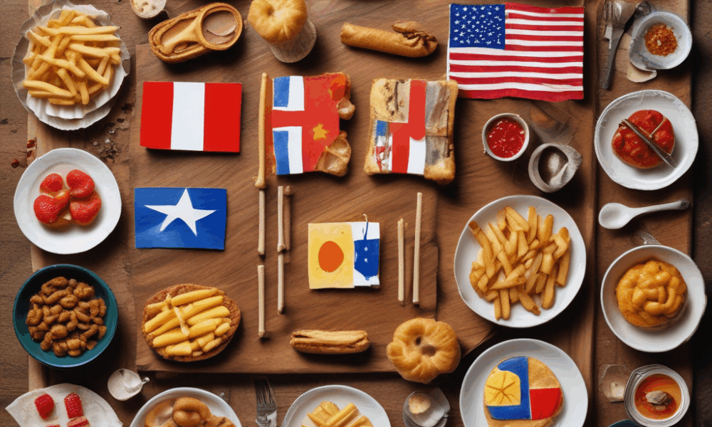 Popular dishes with flags showing surprising food origins - churros, French fries, English muffins revealing true cultural heritage
