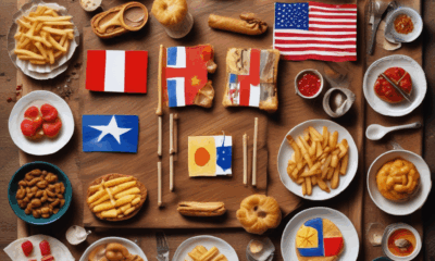 Popular dishes with flags showing surprising food origins - churros, French fries, English muffins revealing true cultural heritage