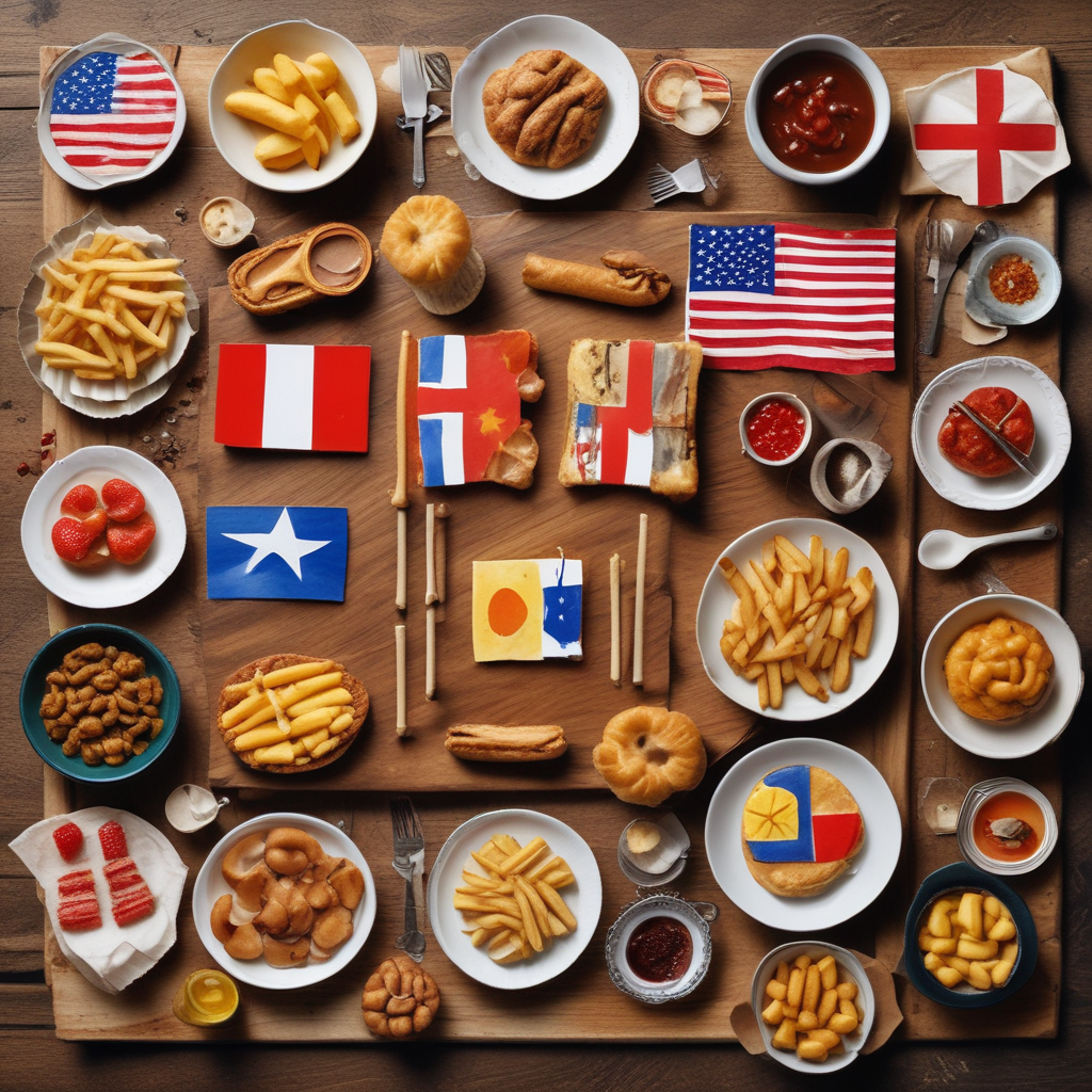 Popular dishes with flags showing surprising food origins - churros, French fries, English muffins revealing true cultural heritage