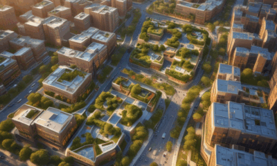 Sustainable cities climate solutions showing green rooftops and solar panels in modern urban environment