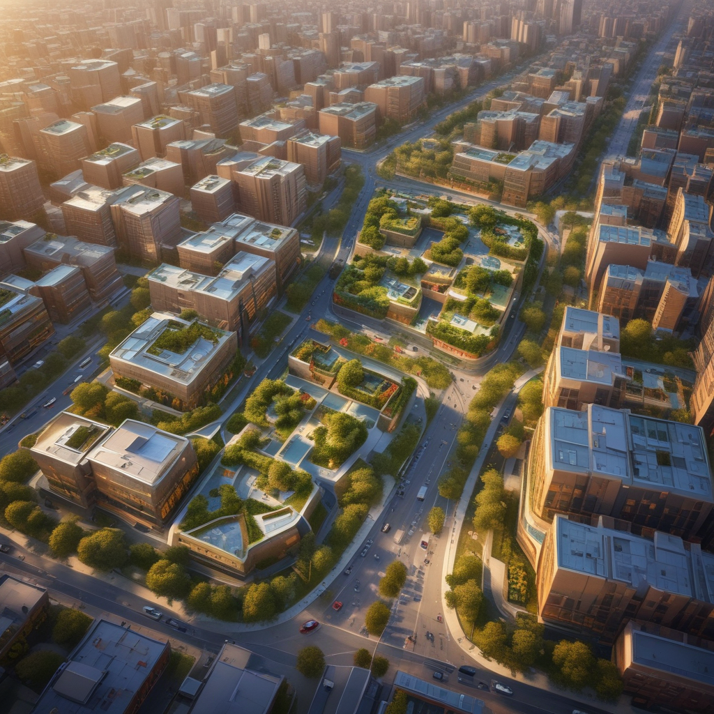 Sustainable cities climate solutions showing green rooftops and solar panels in modern urban environment