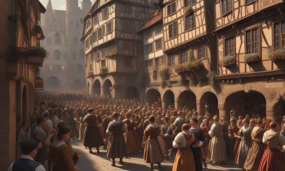 Dancing Plague of 1518 in medieval Strasbourg showing people dancing uncontrollably in the streets