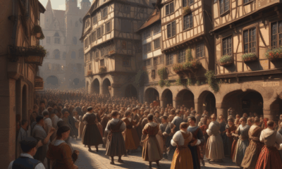 Dancing Plague of 1518 in medieval Strasbourg showing people dancing uncontrollably in the streets