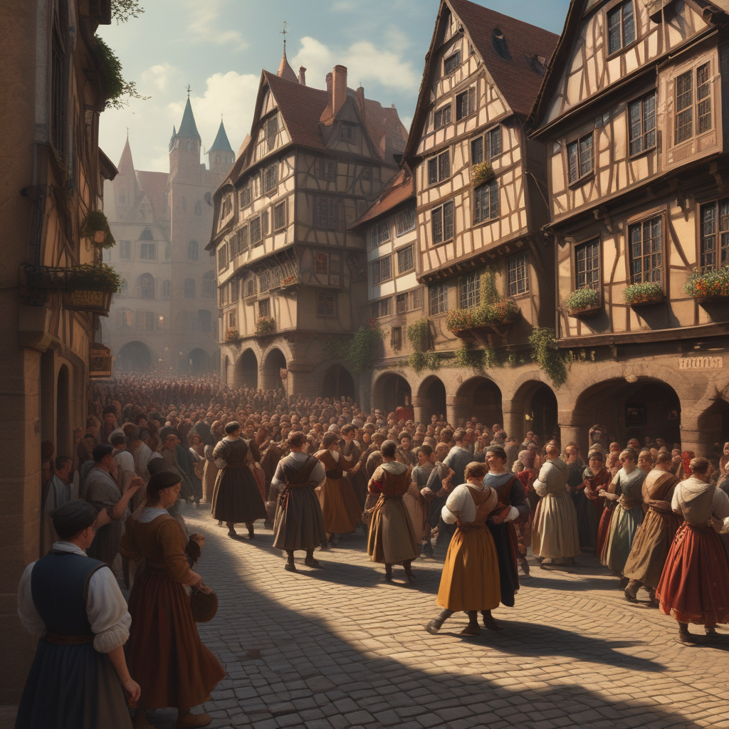 Dancing Plague of 1518 in medieval Strasbourg showing people dancing uncontrollably in the streets