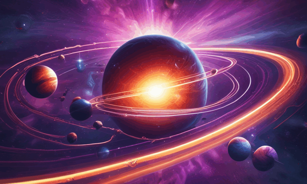 Solar system racing through space showing planets with motion trails demonstrating excessive galactic speed through universe