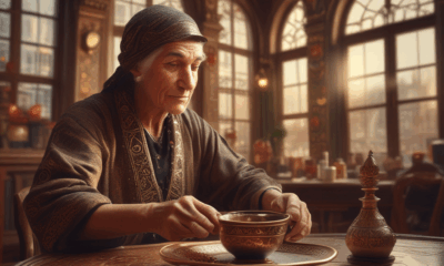 Turkish coffee fortune telling with bizarre travel traditions in authentic Istanbul café showing mystical coffee grounds reading