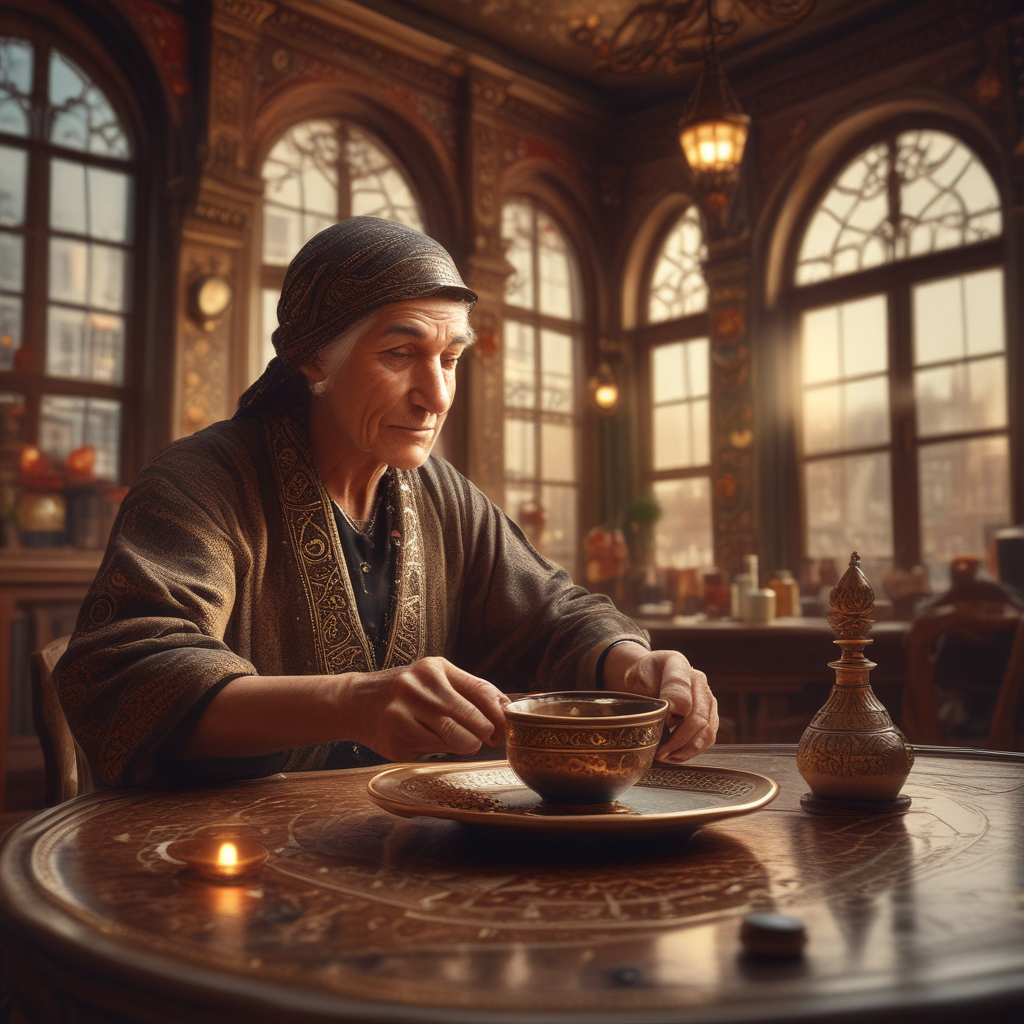 Turkish coffee fortune telling with bizarre travel traditions in authentic Istanbul café showing mystical coffee grounds reading