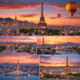 Composite image of surprising travel facts including Eiffel Tower, Monaco harbor, and Cappadocia fairy chimneys