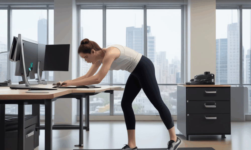 Woman performing micro-workouts desk push-ups in office showing 60-second exercise burst accessibility