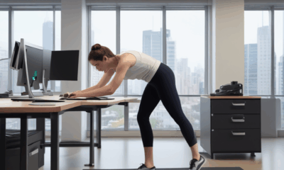 Woman performing micro-workouts desk push-ups in office showing 60-second exercise burst accessibility