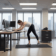 Woman performing micro-workouts desk push-ups in office showing 60-second exercise burst accessibility