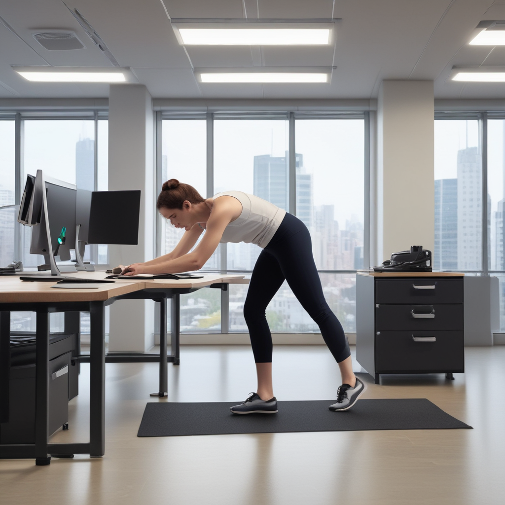 Woman performing micro-workouts desk push-ups in office showing 60-second exercise burst accessibility