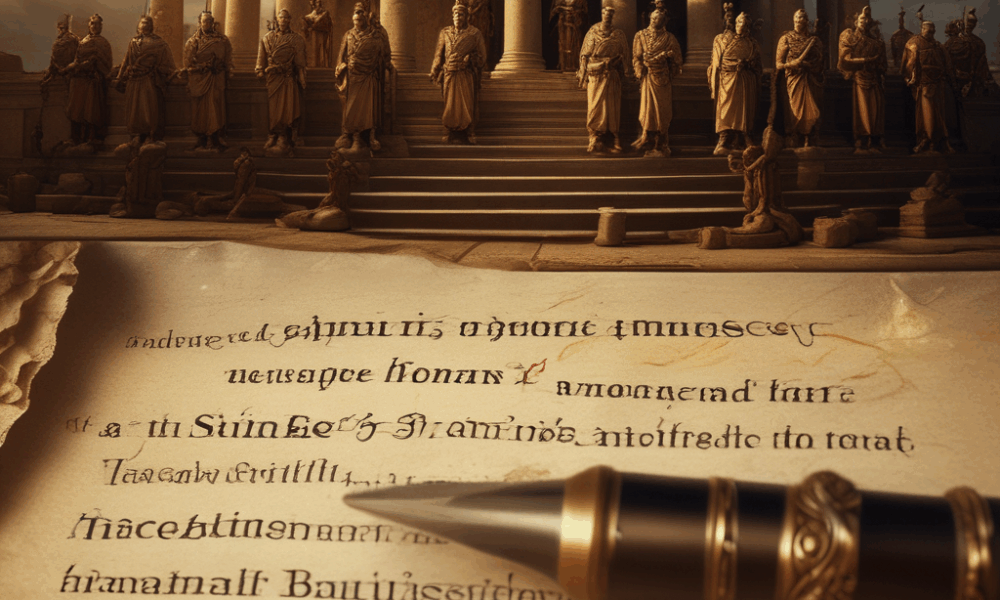 Shakespeare's quill writing Et tu Brute contrasted with realistic Julius Caesar assassination scene showing historical myths