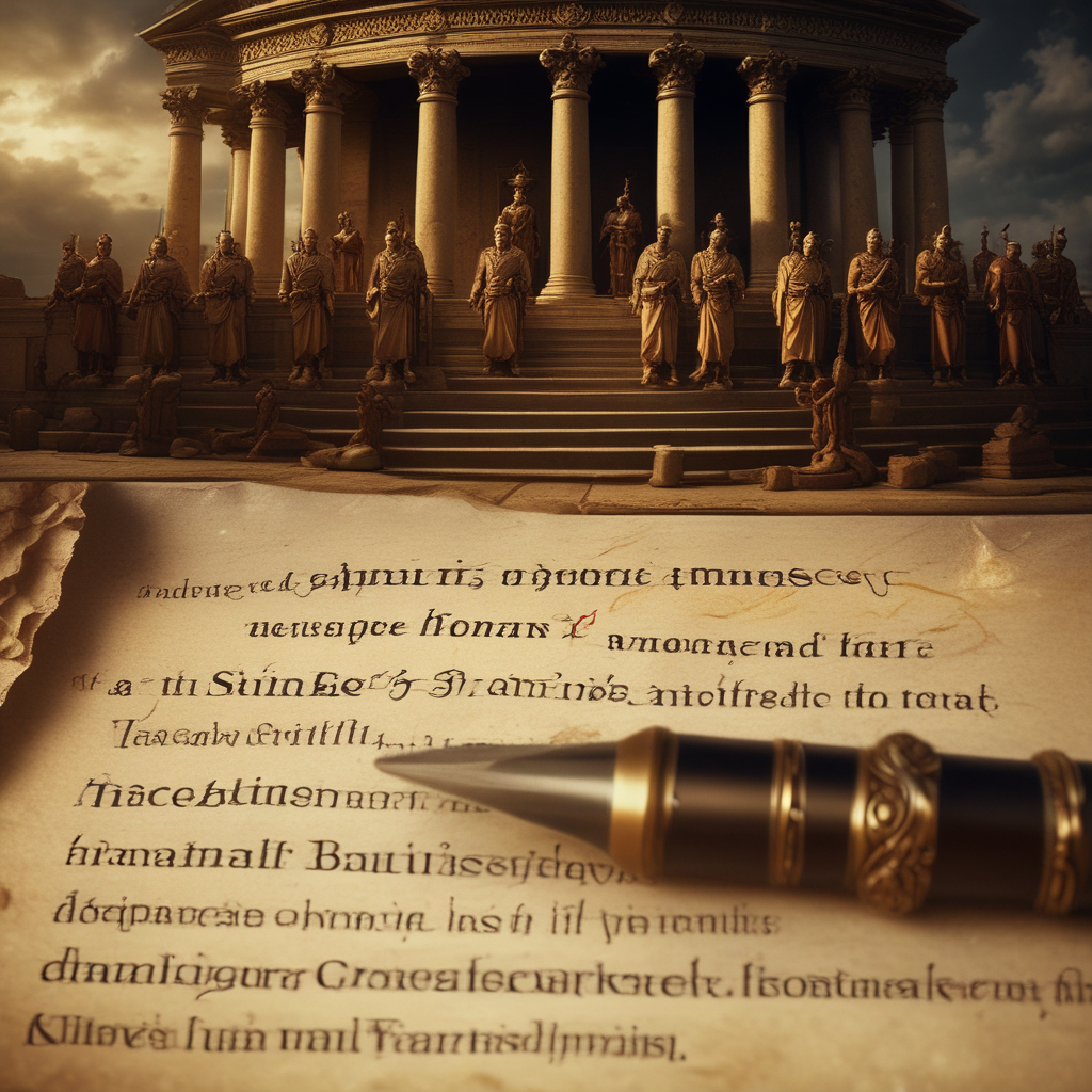 Shakespeare's quill writing Et tu Brute contrasted with realistic Julius Caesar assassination scene showing historical myths