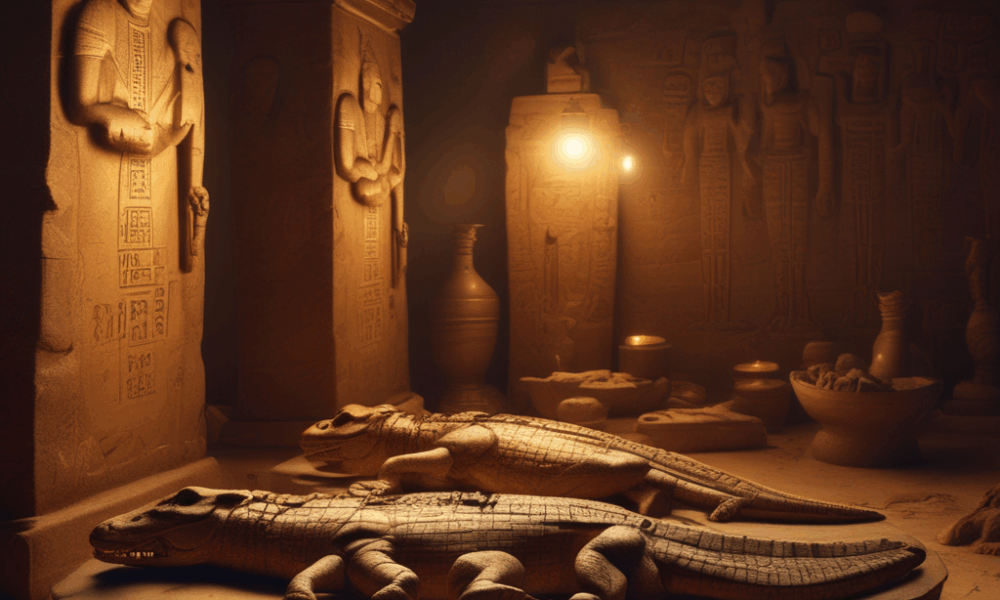 Ancient Egyptian crocodile mummies wrapped in linen bandages discovered in tomb - archaeological find