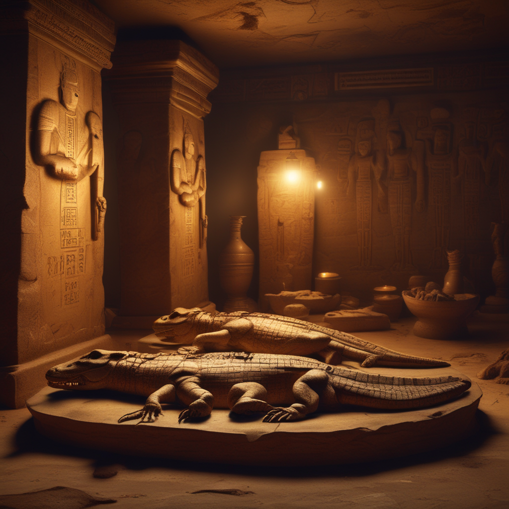 Ancient Egyptian crocodile mummies wrapped in linen bandages discovered in tomb - archaeological find