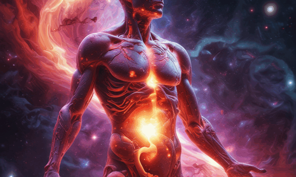 Human body facts visualization showing cosmic elements within transparent human silhouette representing walking universe concept