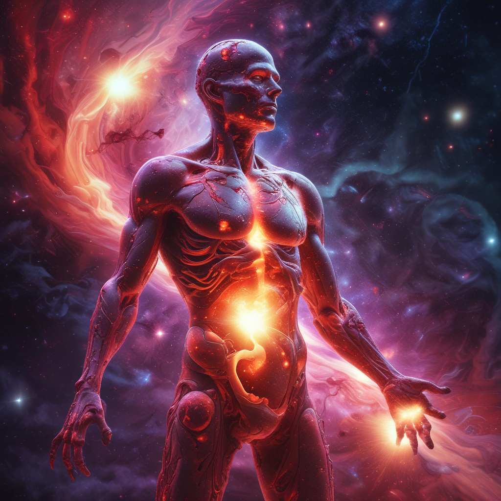 Human body facts visualization showing cosmic elements within transparent human silhouette representing walking universe concept