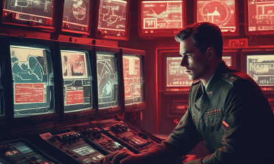 Soviet military officer monitoring nuclear early warning system during Cold War nuclear war prevention crisis