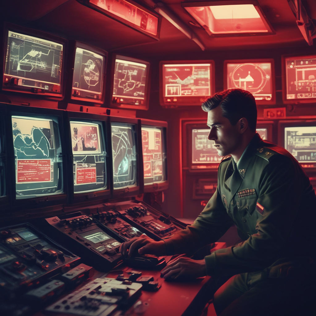 Soviet military officer monitoring nuclear early warning system during Cold War nuclear war prevention crisis