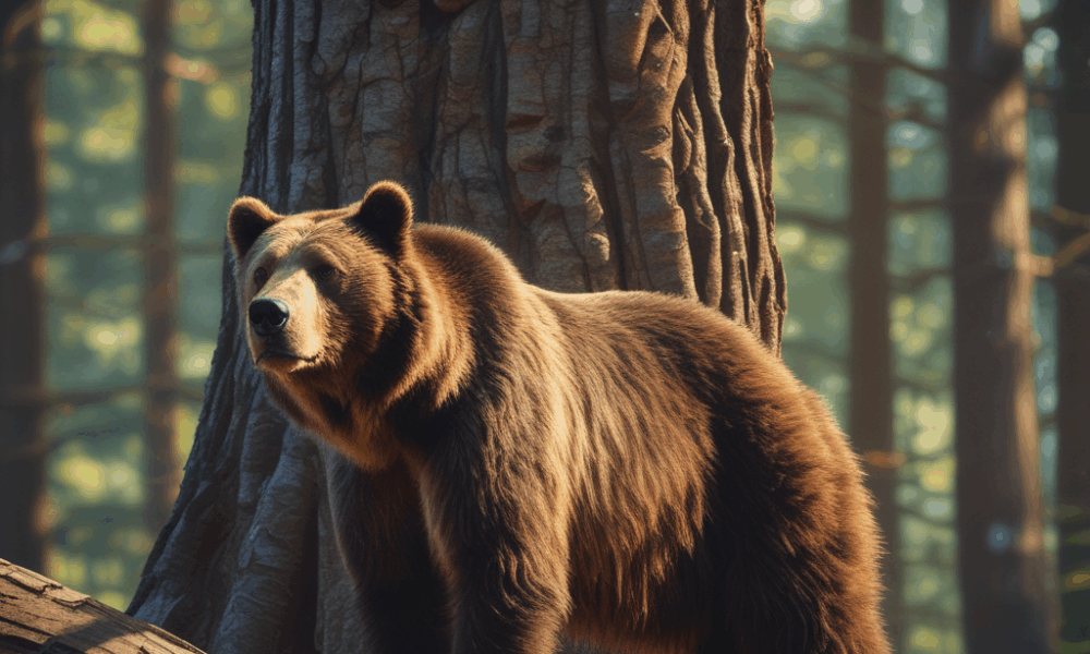 Brown bear creating artistic bark patterns on tree showing animal creativity in forest gallery setting