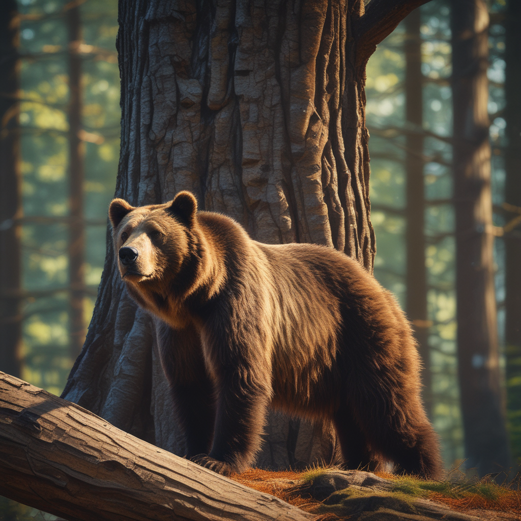 Brown bear creating artistic bark patterns on tree showing animal creativity in forest gallery setting