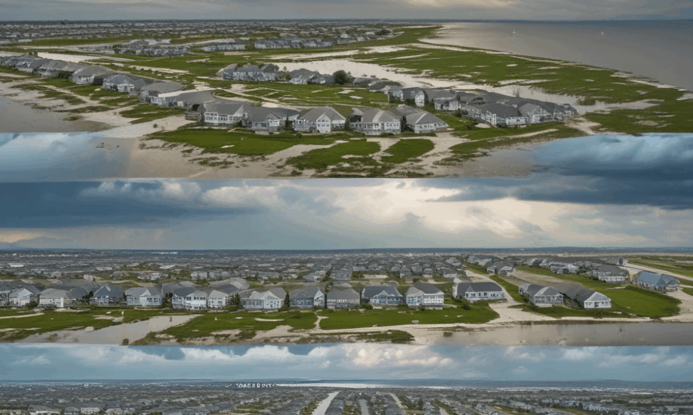 Climate change economic impact on real estate showing flooded homes versus thriving inland communities