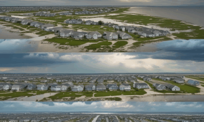 Climate change economic impact on real estate showing flooded homes versus thriving inland communities