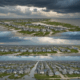 Climate change economic impact on real estate showing flooded homes versus thriving inland communities