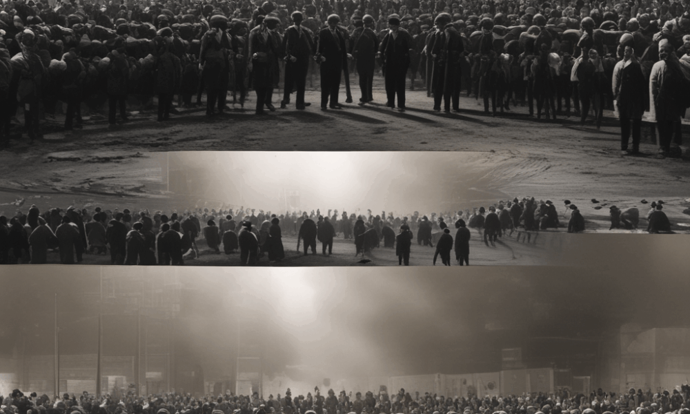 Split screen showing famous historical event in spotlight versus forgotten historical events happening simultaneously in shadows