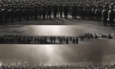 Split screen showing famous historical event in spotlight versus forgotten historical events happening simultaneously in shadows