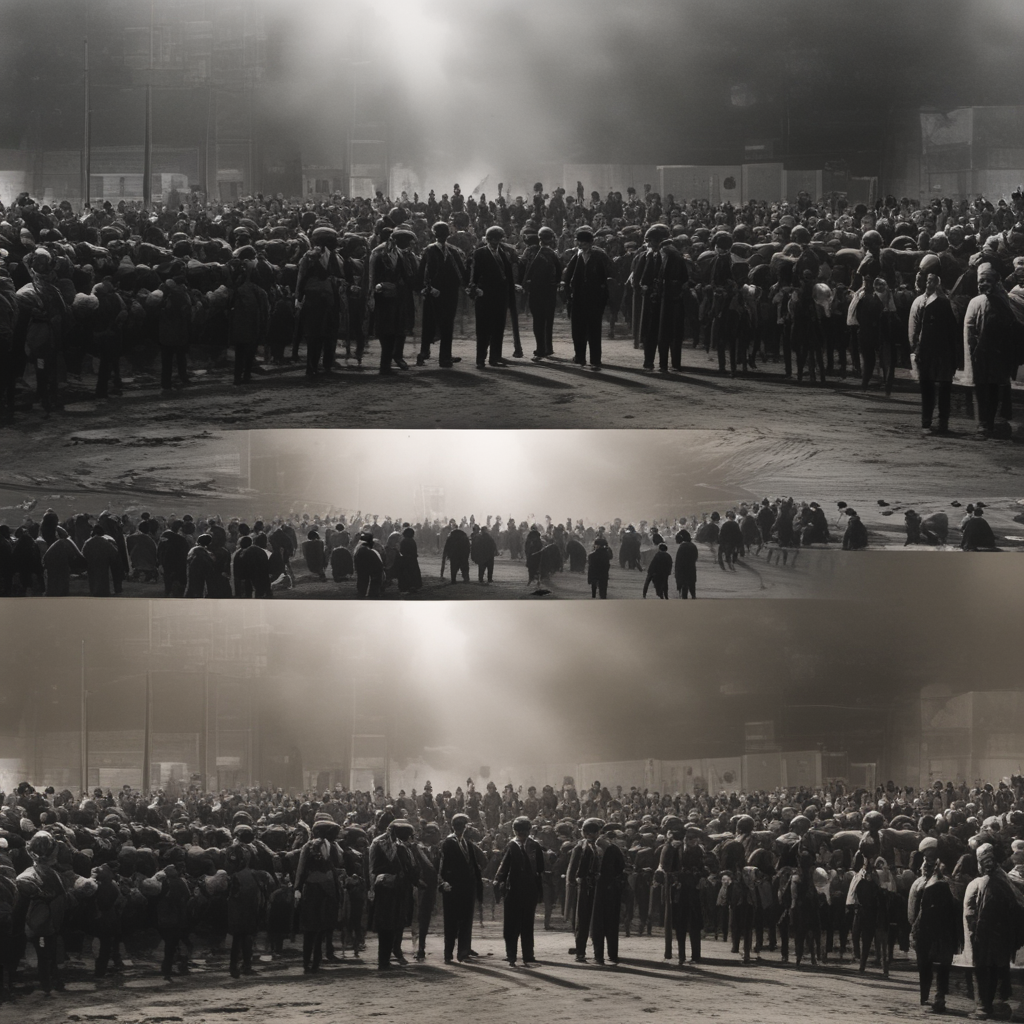 Split screen showing famous historical event in spotlight versus forgotten historical events happening simultaneously in shadows