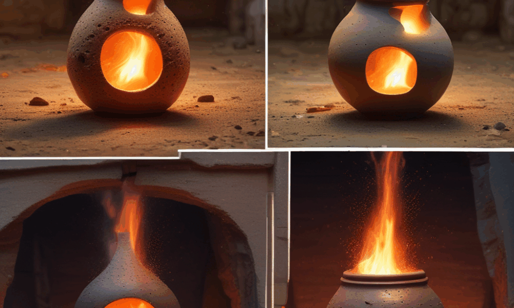 Ancient pottery firing with ash creating first ceramic glazes compared to modern glazed ceramics showing ceramic glazing science