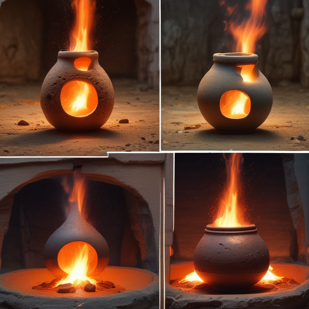 Ancient pottery firing with ash creating first ceramic glazes compared to modern glazed ceramics showing ceramic glazing science