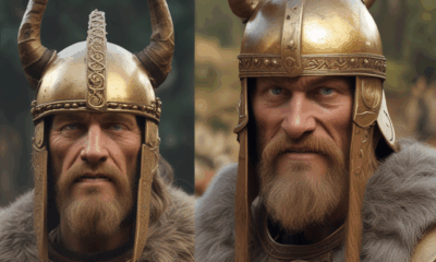 Hollywood Viking with horned helmet versus real historical Viking warrior - historical myths from movies comparison