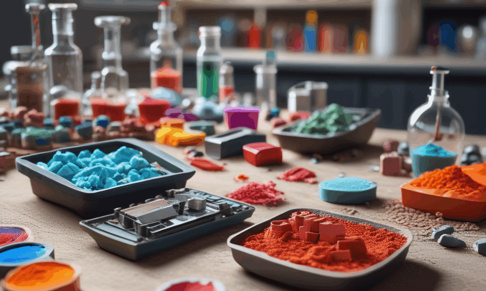 Rare earth elements minerals and powders displayed with modern electronic devices showing their technological applications