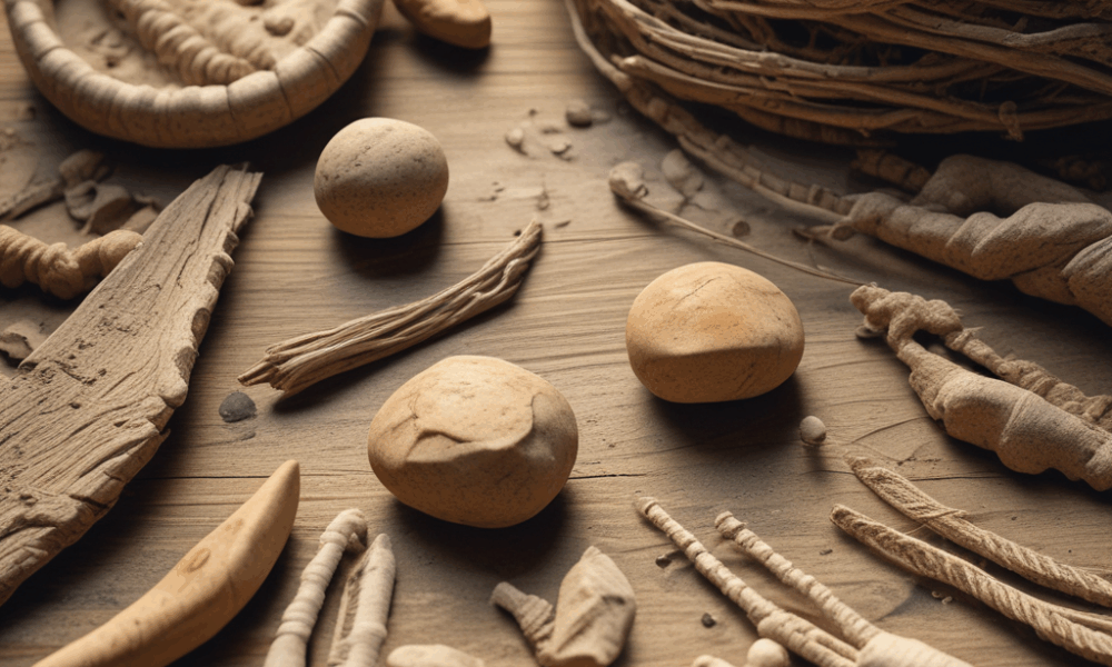 Ancient stone tools with plant fiber residues showing 40,000-year-old maritime technology evidence from prehistoric civilization