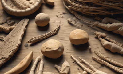 Ancient stone tools with plant fiber residues showing 40,000-year-old maritime technology evidence from prehistoric civilization