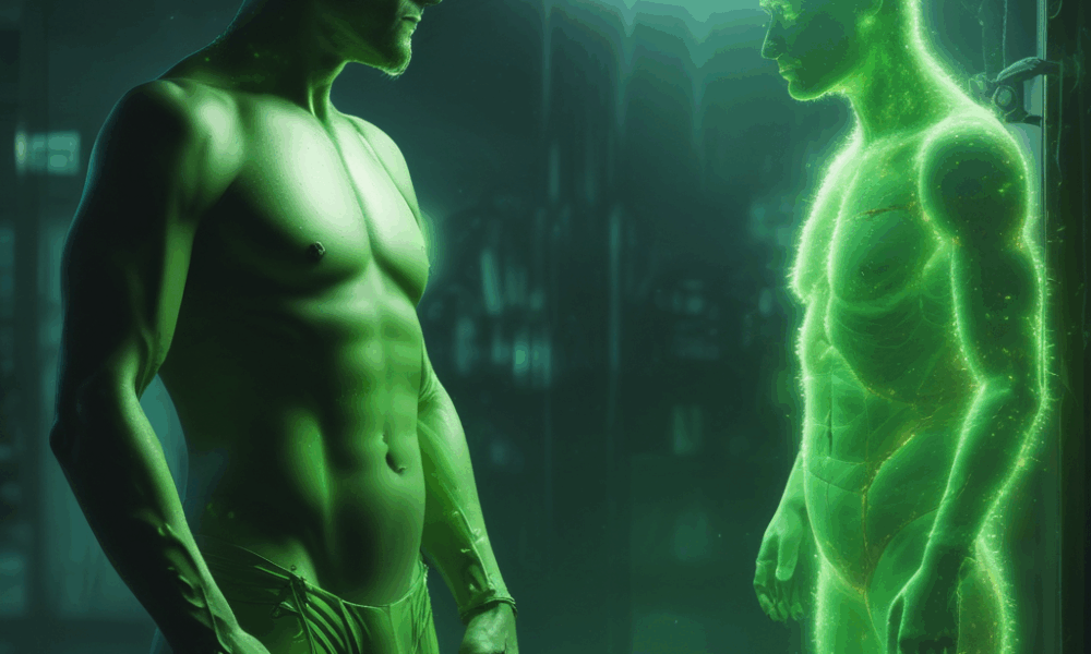 Comparison showing natural radioactivity levels between banana and human body with glowing effects