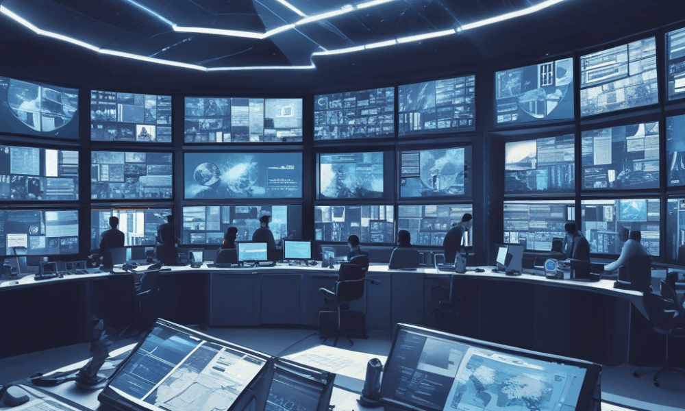 Modern newsroom with AI news prediction technology screens and journalists analyzing data streams