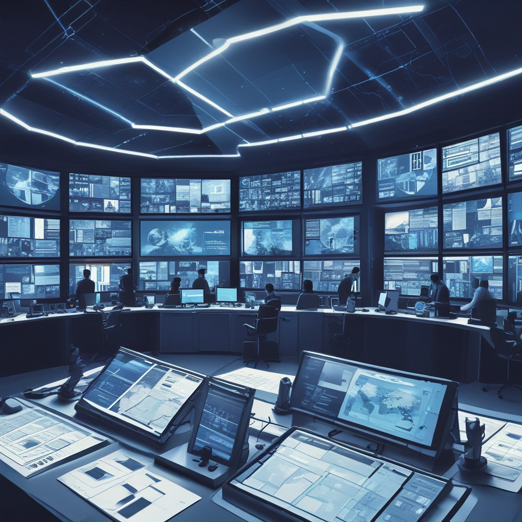 Modern newsroom with AI news prediction technology screens and journalists analyzing data streams