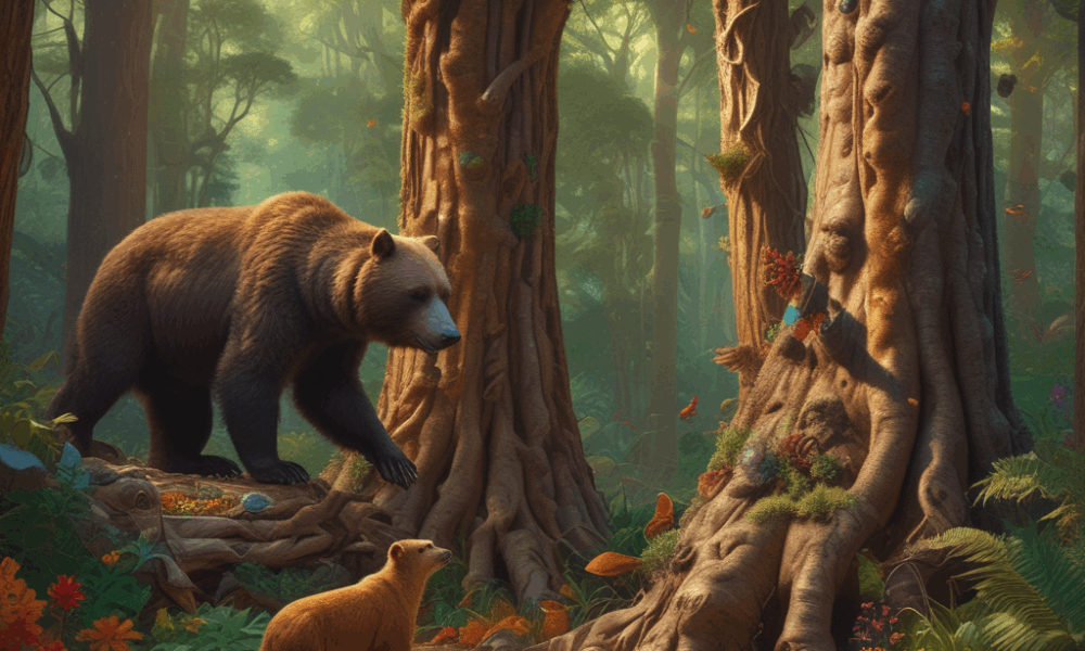 Animals that create art: bowerbird arranging colorful objects and bear creating bark patterns on tree in natural forest setting