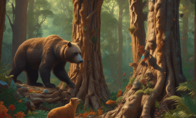 Animals that create art: bowerbird arranging colorful objects and bear creating bark patterns on tree in natural forest setting