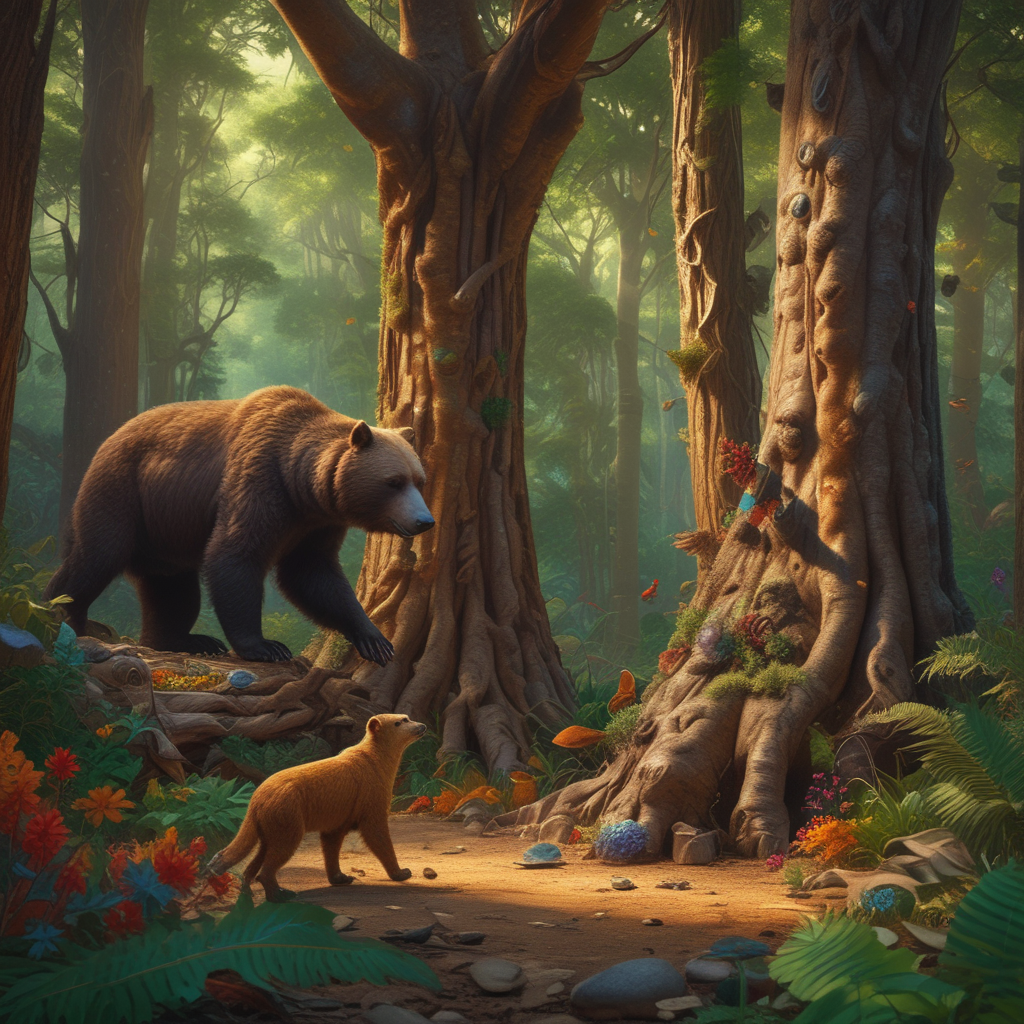 Animals that create art: bowerbird arranging colorful objects and bear creating bark patterns on tree in natural forest setting