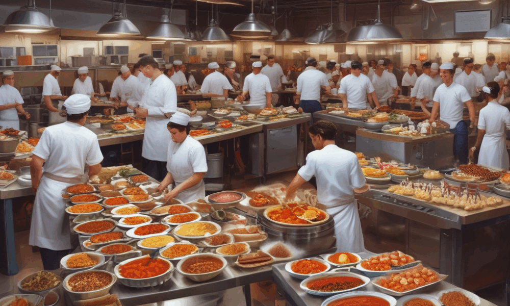 Restaurant kitchen staff sharing creative staff meals made from menu ingredients during break time