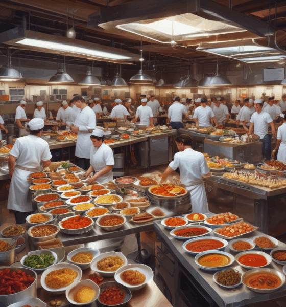 Restaurant kitchen staff sharing creative staff meals made from menu ingredients during break time